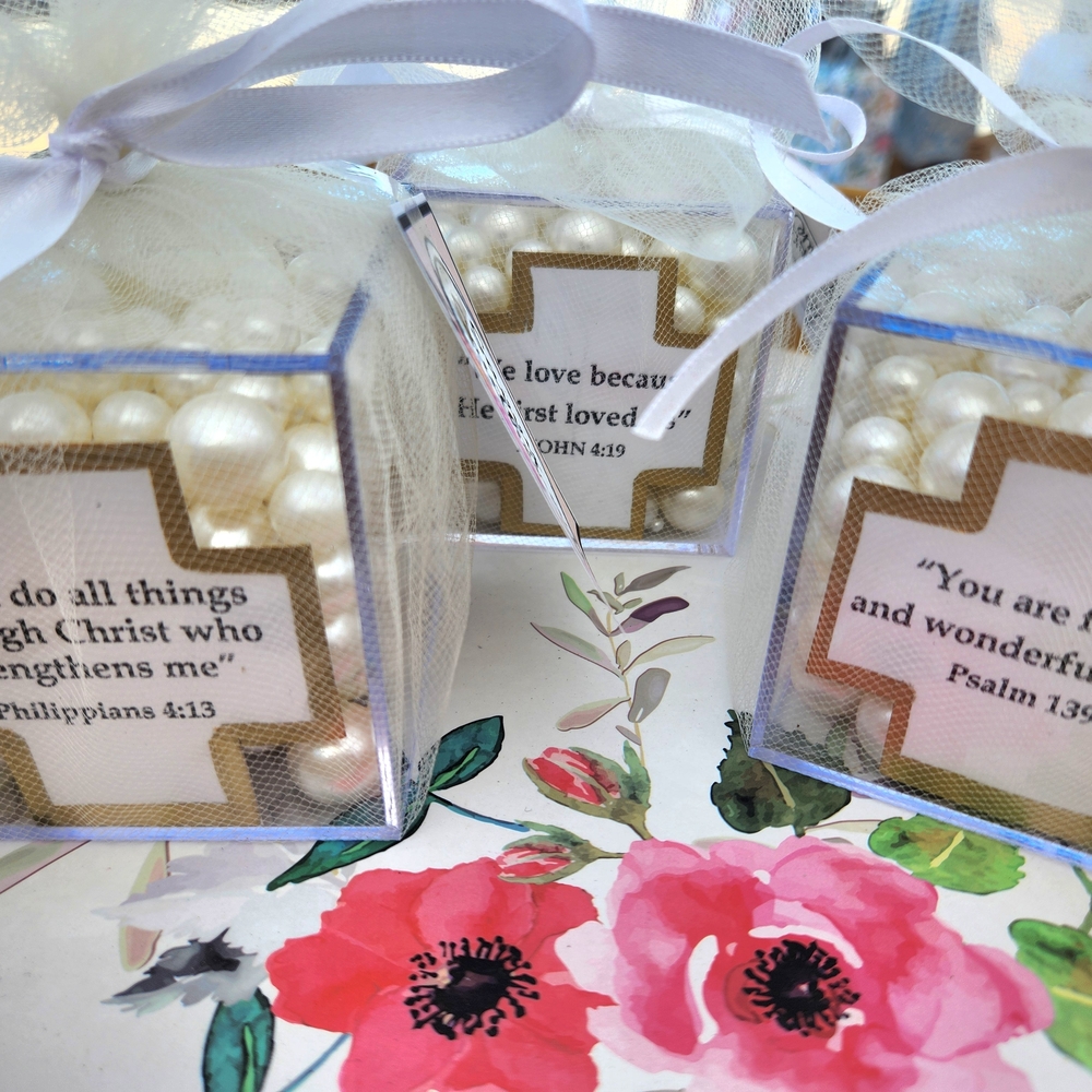 Acrylic Pearl Filled Cubes with Scripture Cross  - White & Gold Accents